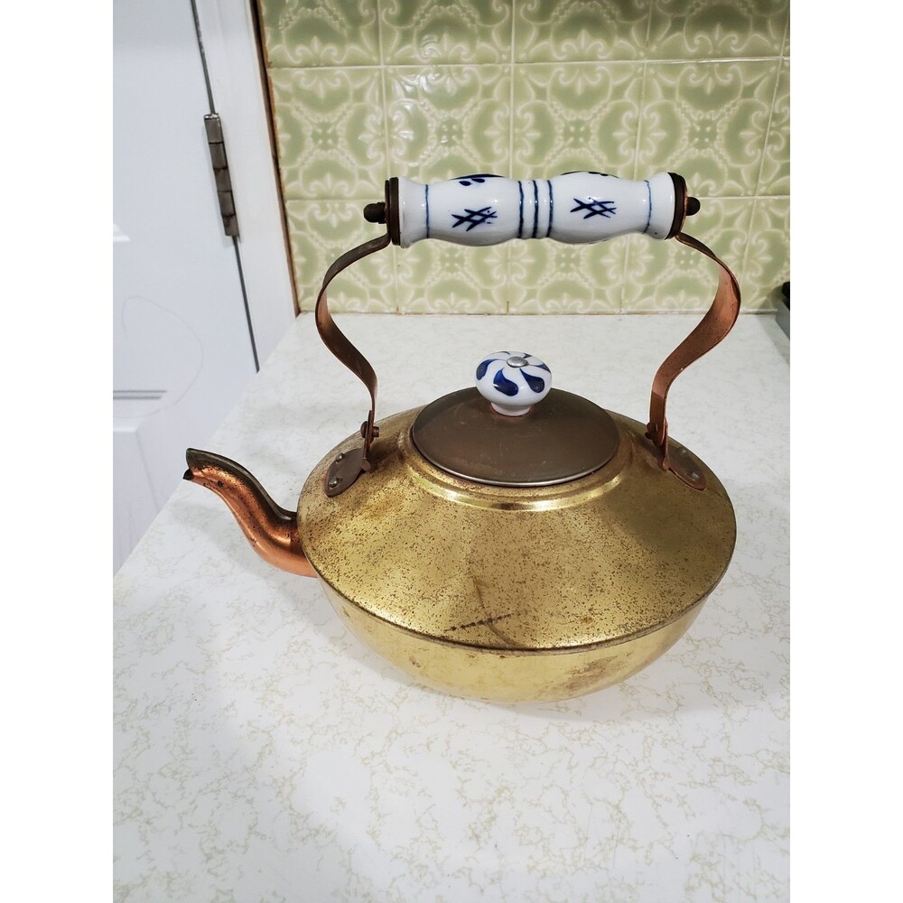 Vintage Copper Tea Pot Kettle Brass Porcelain Handle Made in Taiwan